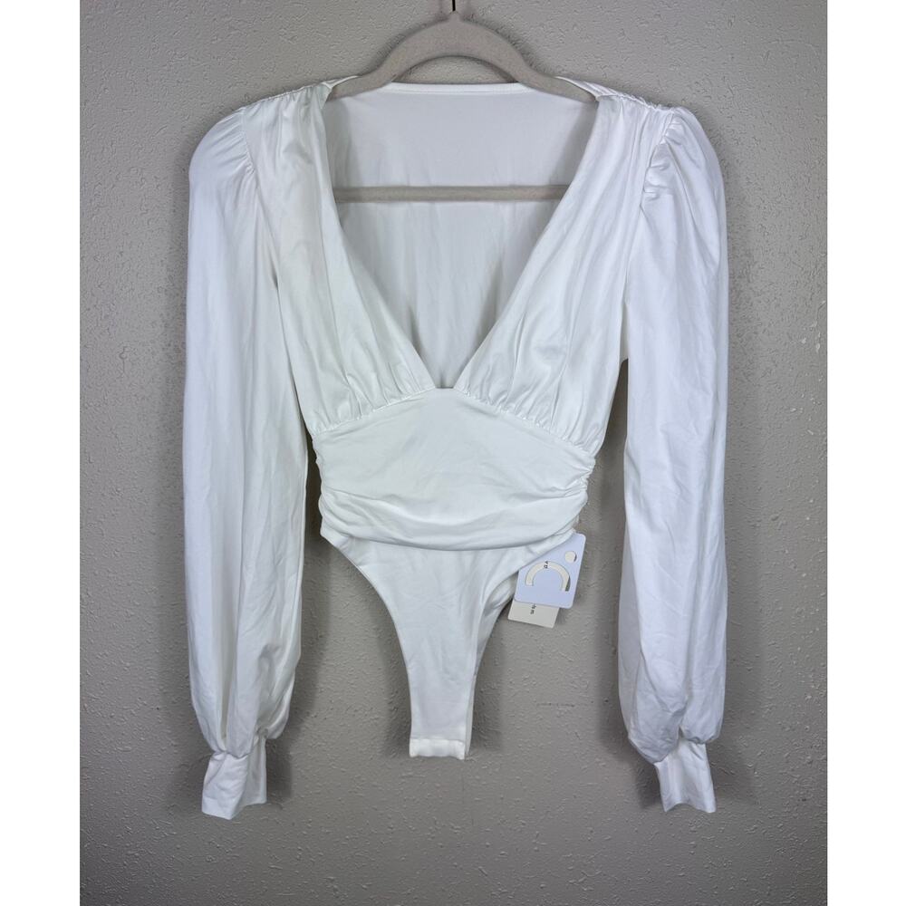 NWT Commense Plunging V Neckline White puff sleeved Bodysuit Womens Size XS